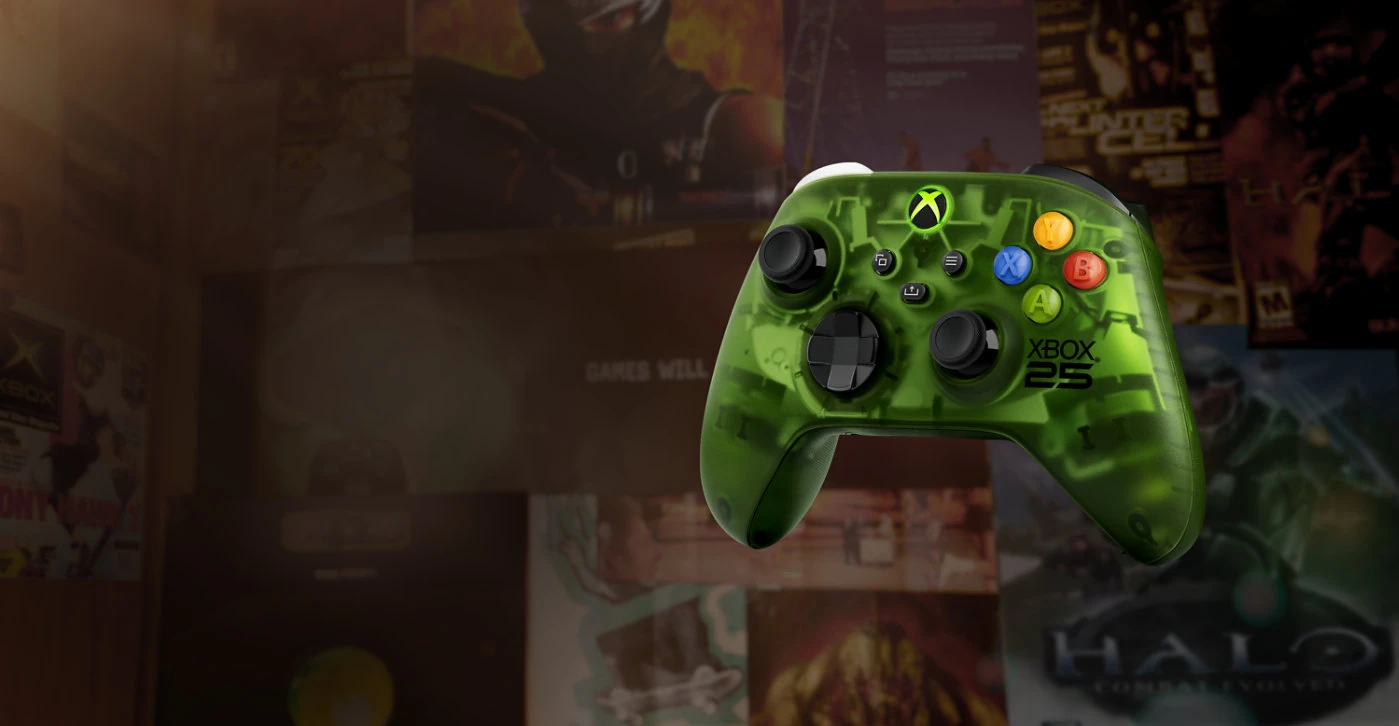 Manette Xbox X25 Special Edition sur le décor officiel anniversaire