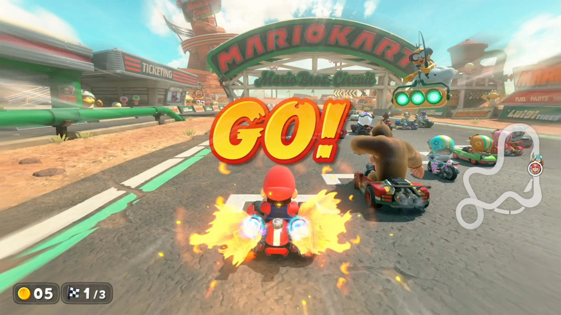 Départ d’une course Mario Kart World, capture officielle du jeu