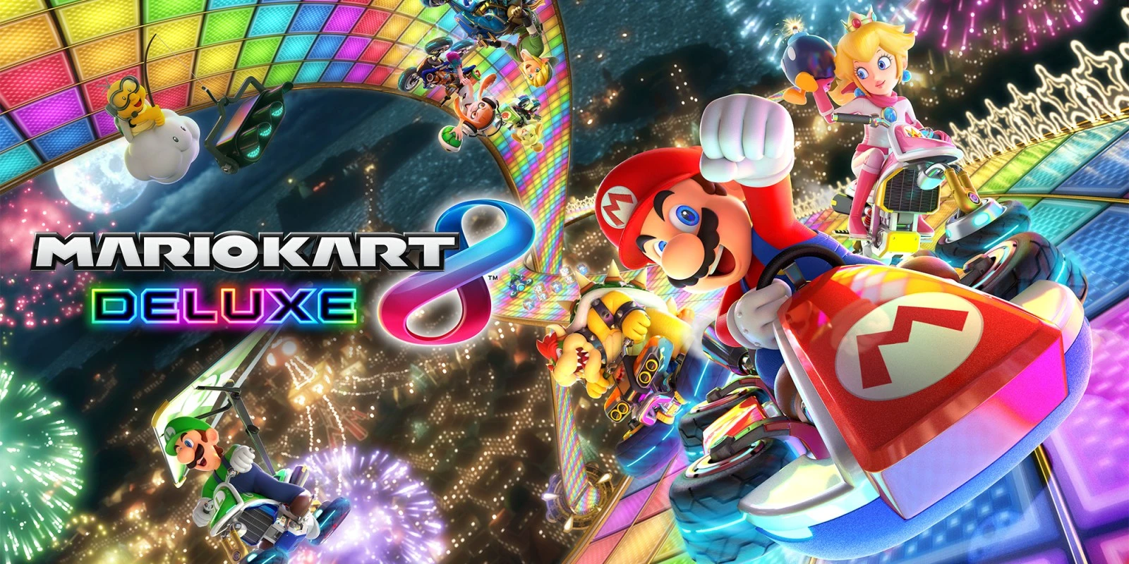 Illustration officielle Mario Kart 8 Deluxe avec Mario et les autres pilotes