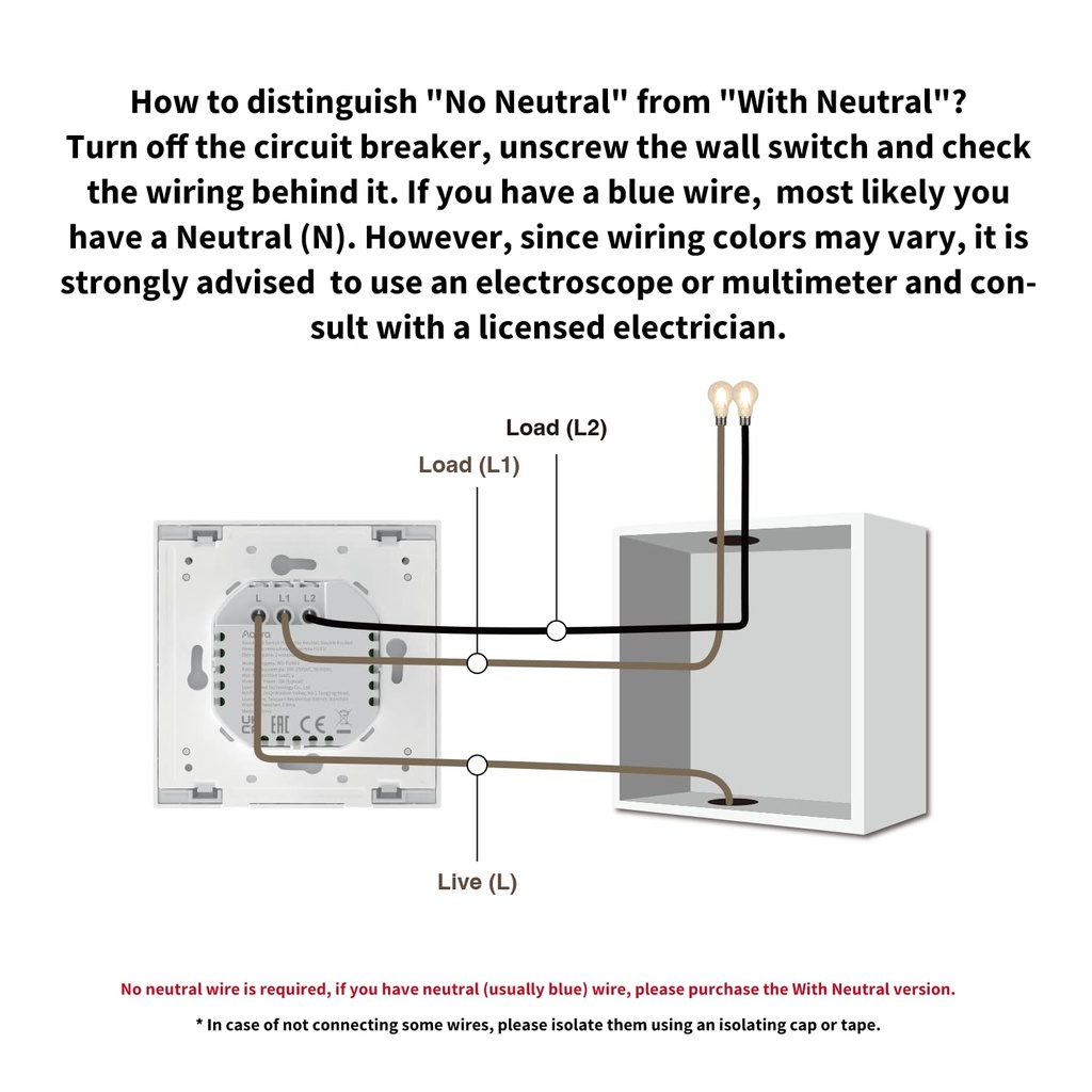 Interrupteur mural intelligent sans fil Aqara D1 , télécommande intelligente, ZigBee,(2 boutons Sans neutre)