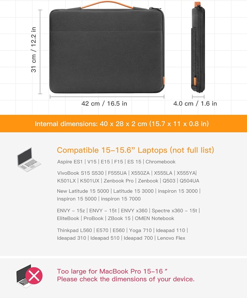 Inateck 15-15,6 Pouces Housse Ordinateur Portable Antichoc Résistante à l'Éclaboussement