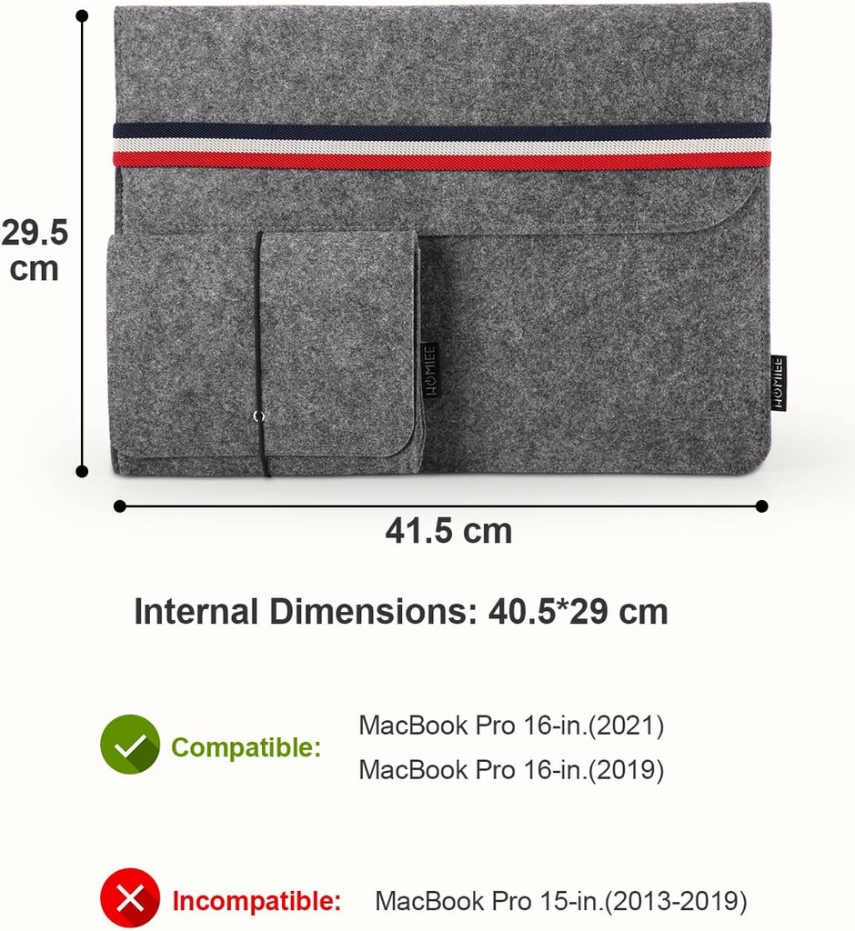 HOMIEE Housse Protectrice en Feutre  avec Pochette Additionnelle en Feutre pour Ordinateur Portable 15.4-15.6 