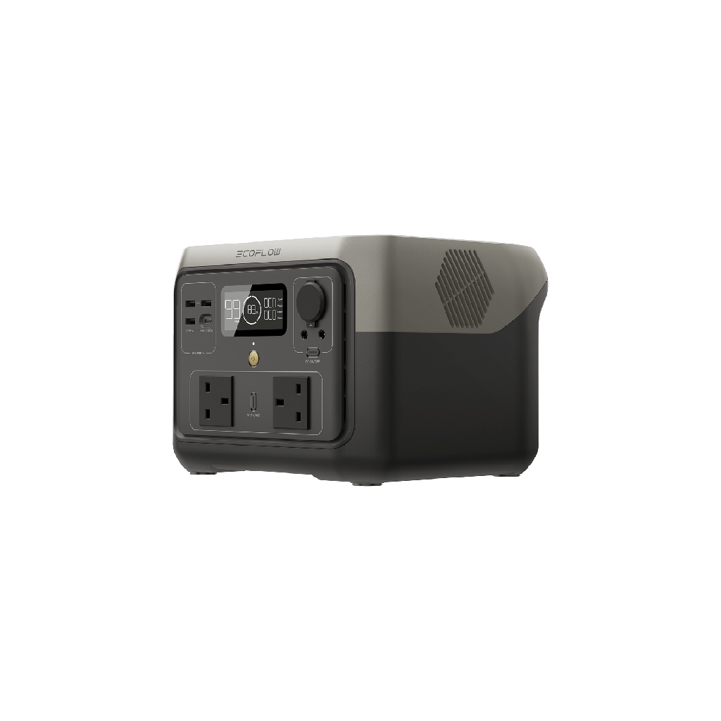 EcoFlow RIVER 2 Max UK, vue trois-quarts avec prises Type G