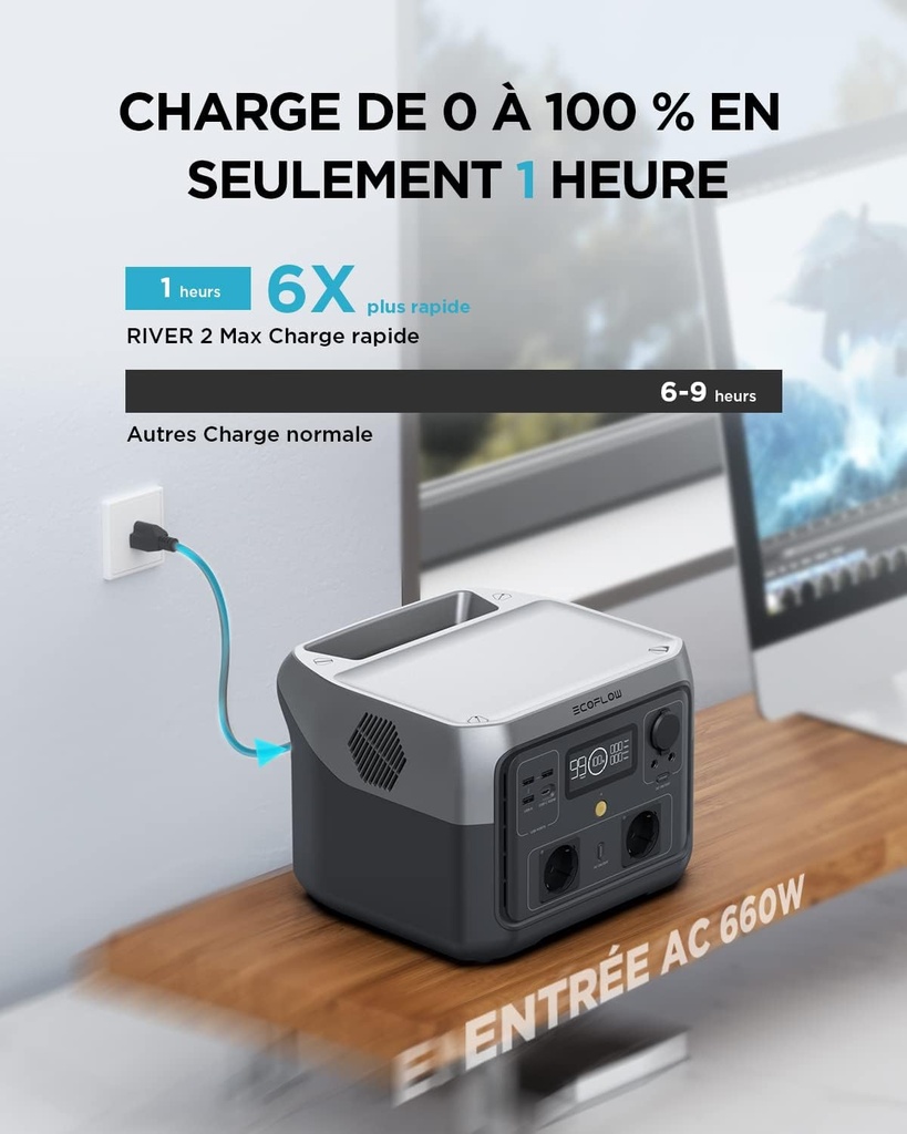 Station électrique portable ECOFLOW RIVER 2 MAX, batterie LiFeP04, 512 Wh charge rapide en 1 heure, sortie 1000 W avec X-boost