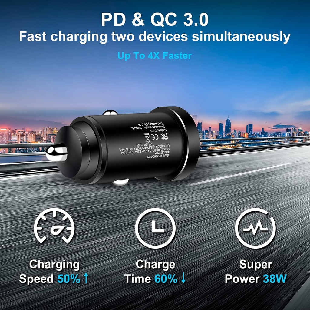 AILKIN Car Charger USB C, 38W PD & QC 3.0 F