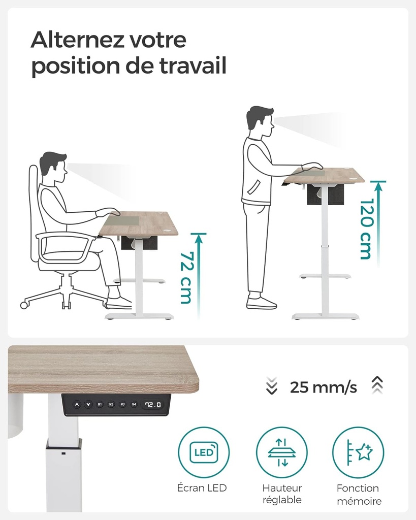 SONGMICS Bureau Assis Debout Électrique 