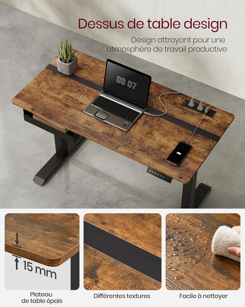 VASAGLE Bureau Électrique, Assis-Debout, Surface 60 x 120 cm