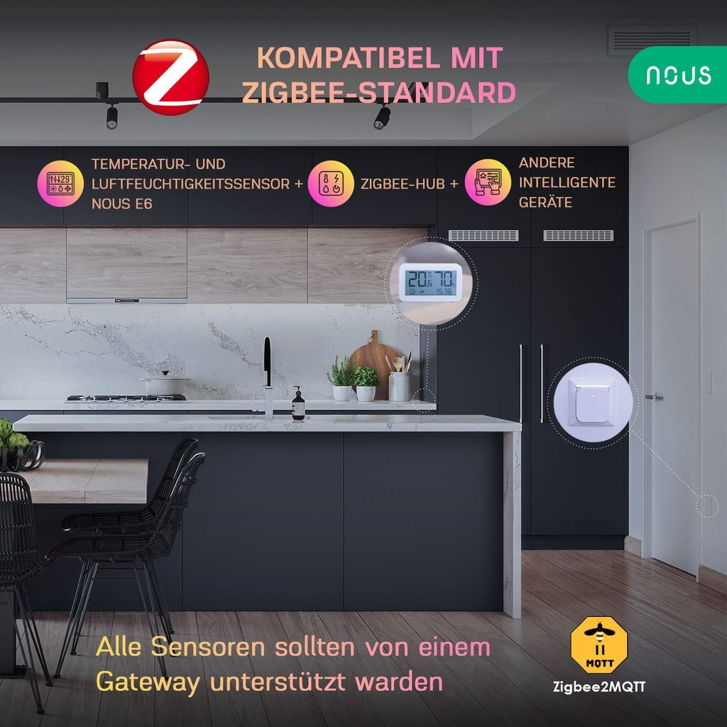 NOUS E6 Capteur de température et d'humidité LCD ZigBee Google Assistant