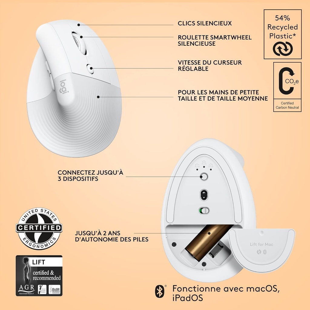 Logitech Lift for Mac, Souris Ergonomique Verticale sans Fil, Bluetooth, Clics et Roulette Smartwheel Discrets