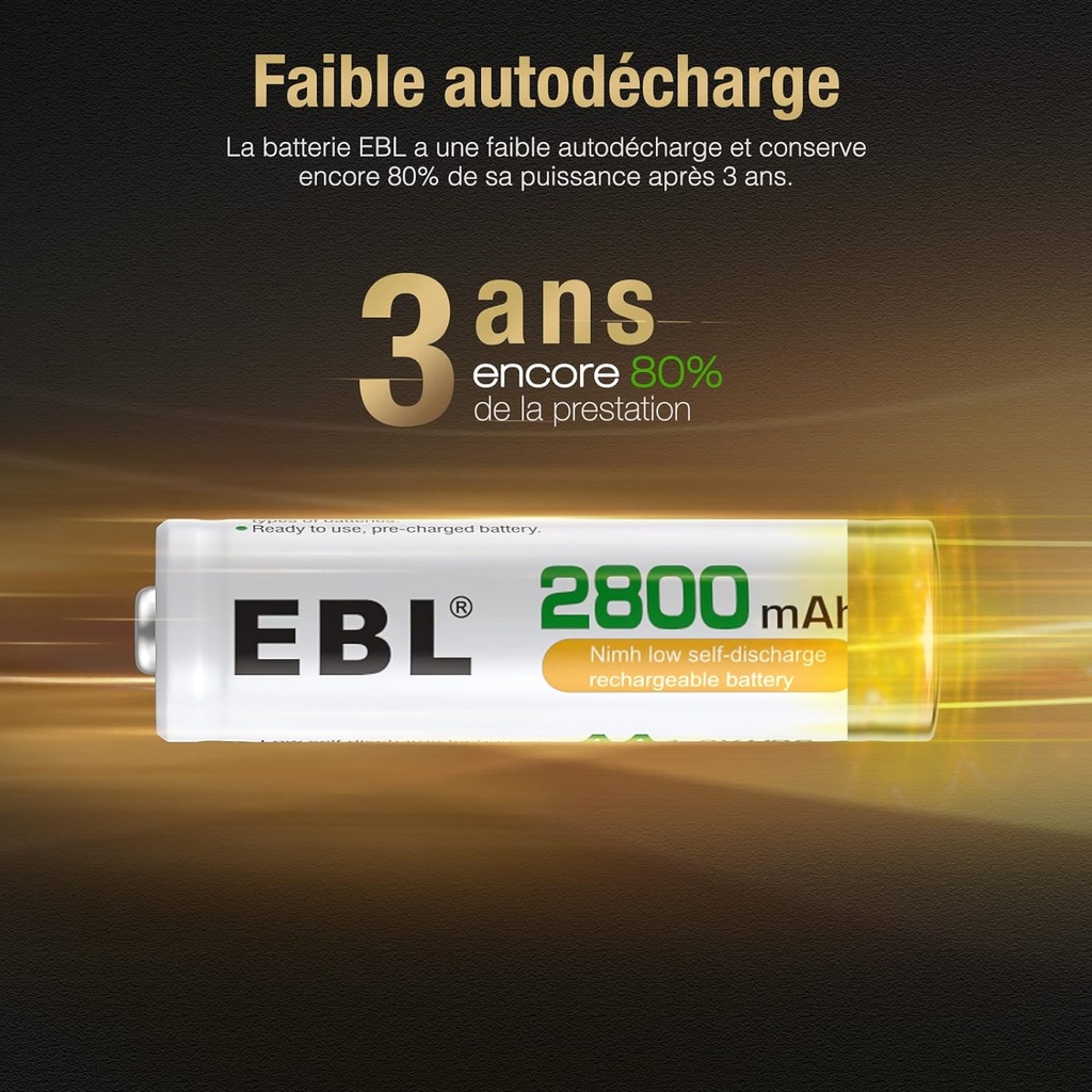EBL 8PCS AA Piles Rechargeables Ni-MH 2800mAh Plus Haute Capacité
