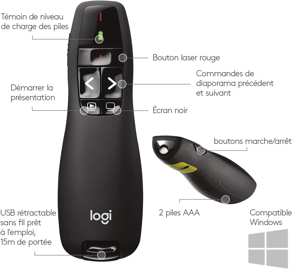 Logitech R400 Télécommande de Présentation sans Fil, 2,4 GHz/Récepteur USB, Pointeur Laser Rouge, Portée de 15 Mètres