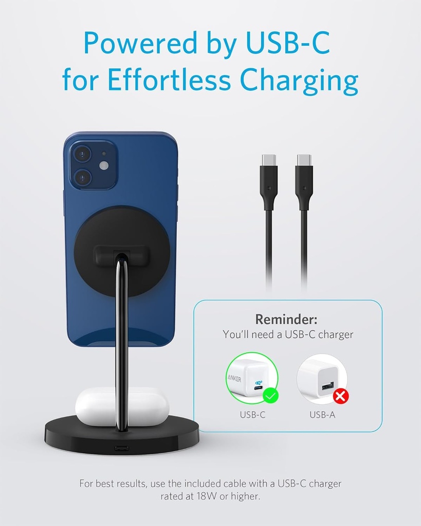 Anker Chargeur sans Fil, PowerWave Lite 2-en-1 avec câble USB-C 