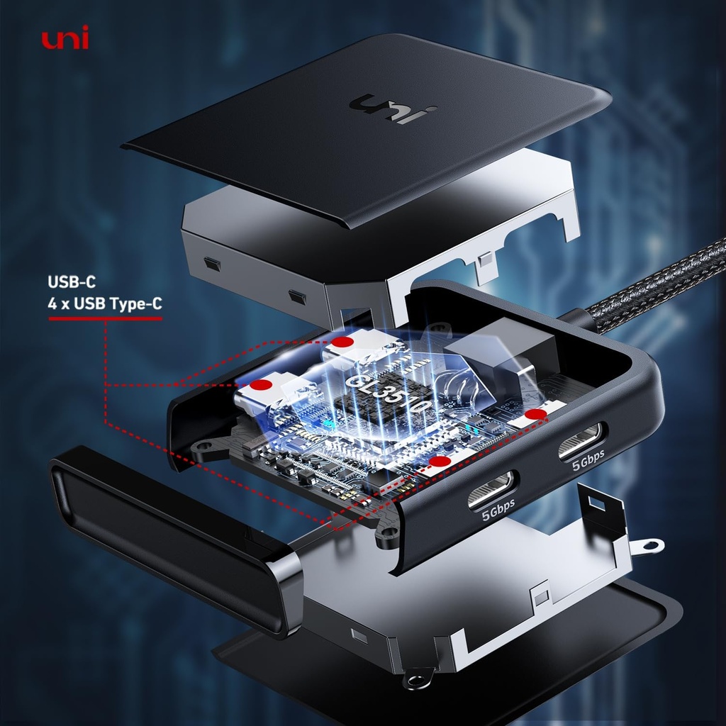 uni Hub USB C 5 Gbps, câble en Nylon de 60 cm, hub Adaptateur 4 Ports USB C vers USB C