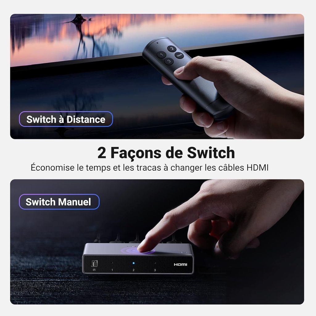 UGREEN Switch HDMI 2.1 8K 60Hz Commutateur HDMI 4K 120Hz 3 Entrées à 1 Sortie