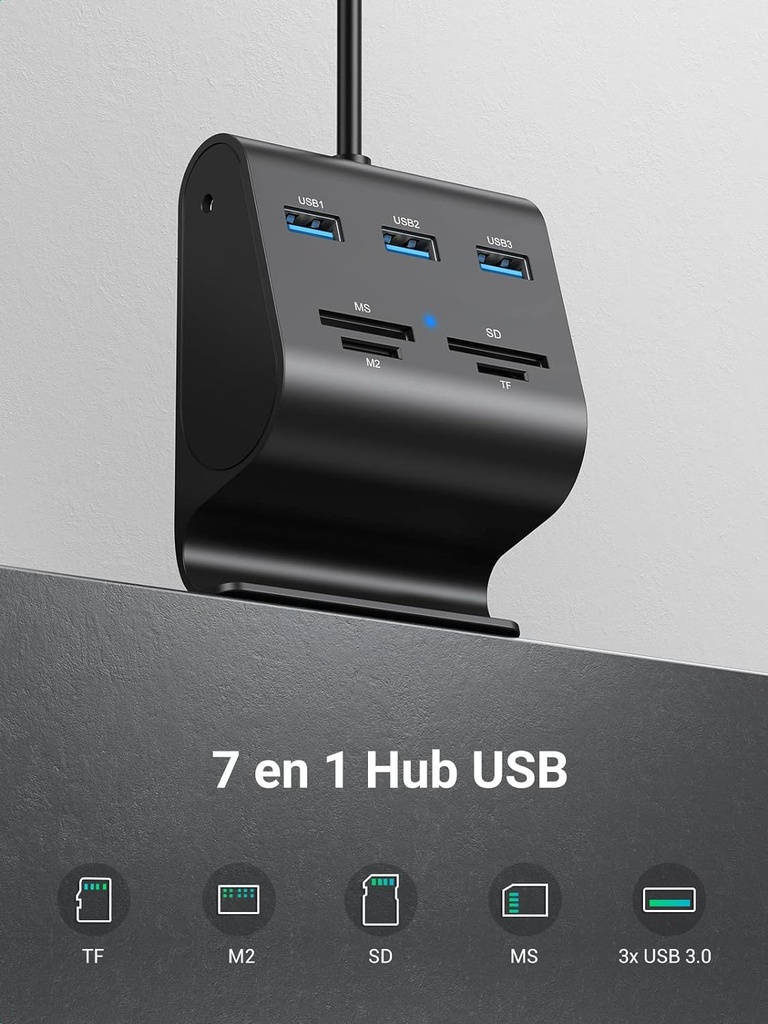 UGREEN Hub USB 3.0 avec Lecteur de Carte SD Micro SD MS M2 et 3 Ports USB 3.0 Data Hub Multifonctionnel 
