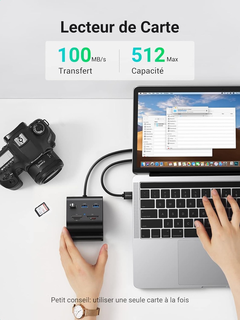 UGREEN Hub USB 3.0 avec Lecteur de Carte SD Micro SD MS M2 et 3 Ports USB 3.0 Data Hub Multifonctionnel 