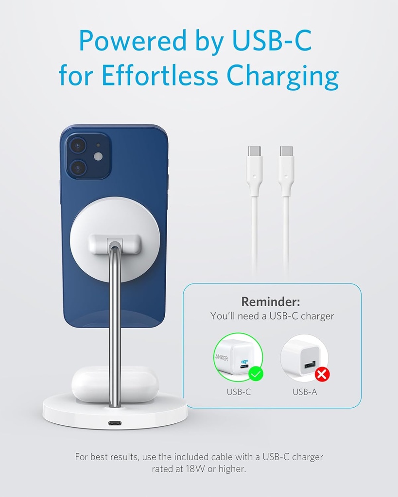 Anker PowerWave Magnetic Stand Lite Station de Charge sans Fil 2 en 1 avec câble de Charge USB-C