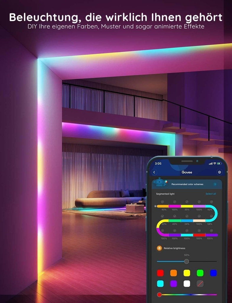 Govee RGBIC 30m Ruban/Bande LED WiFi Bluetooth Multicolore, Contrôlé par APP 