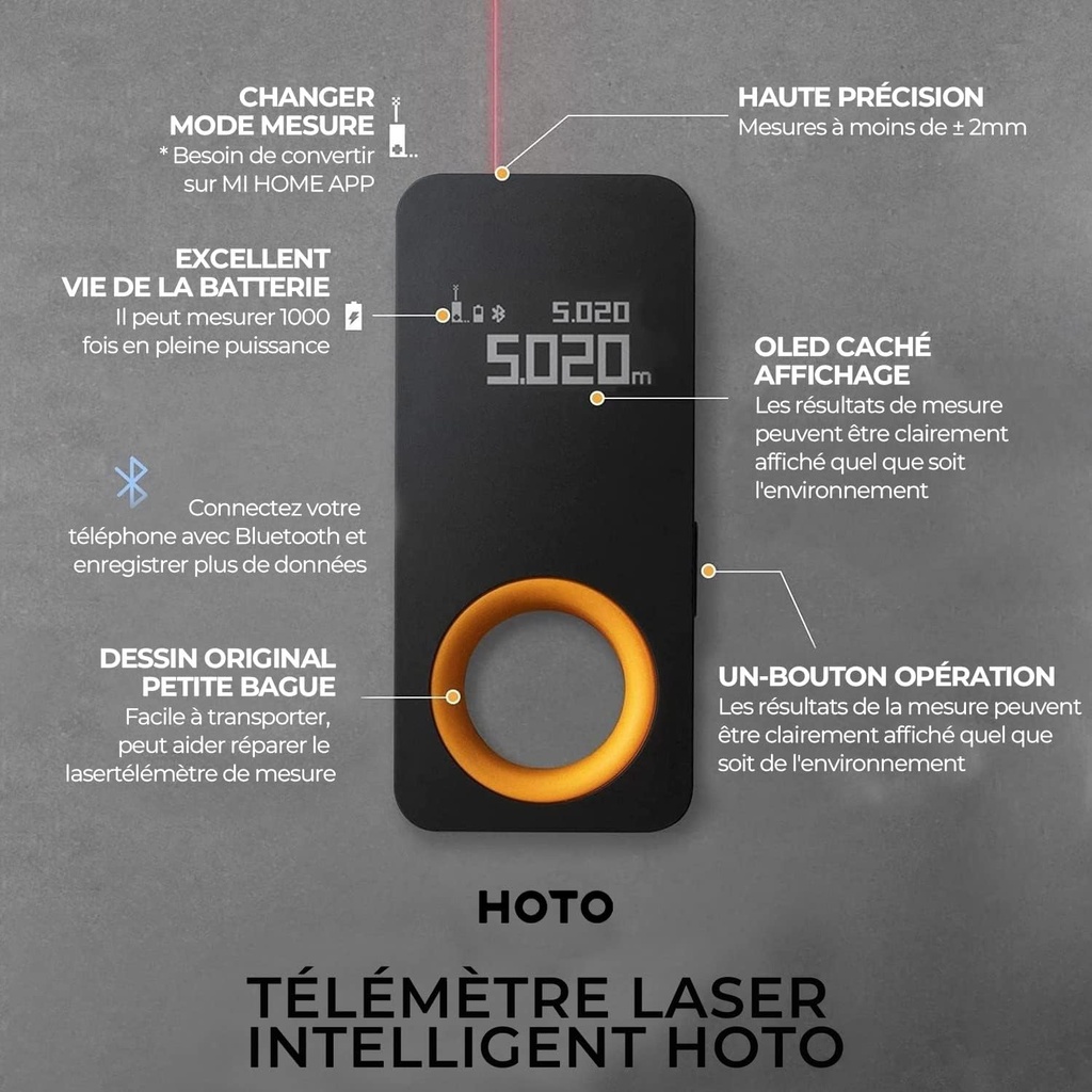 HOTO Télémètre Laser Numérique Bluetooth, Mètre Laser Rechargeable, 0,05 – 30m, Précision ±2 mm