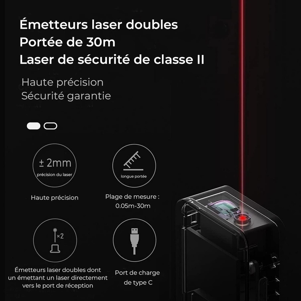 HOTO Télémètre Laser Numérique Bluetooth, Mètre Laser Rechargeable, 0,05 – 30m, Précision ±2 mm