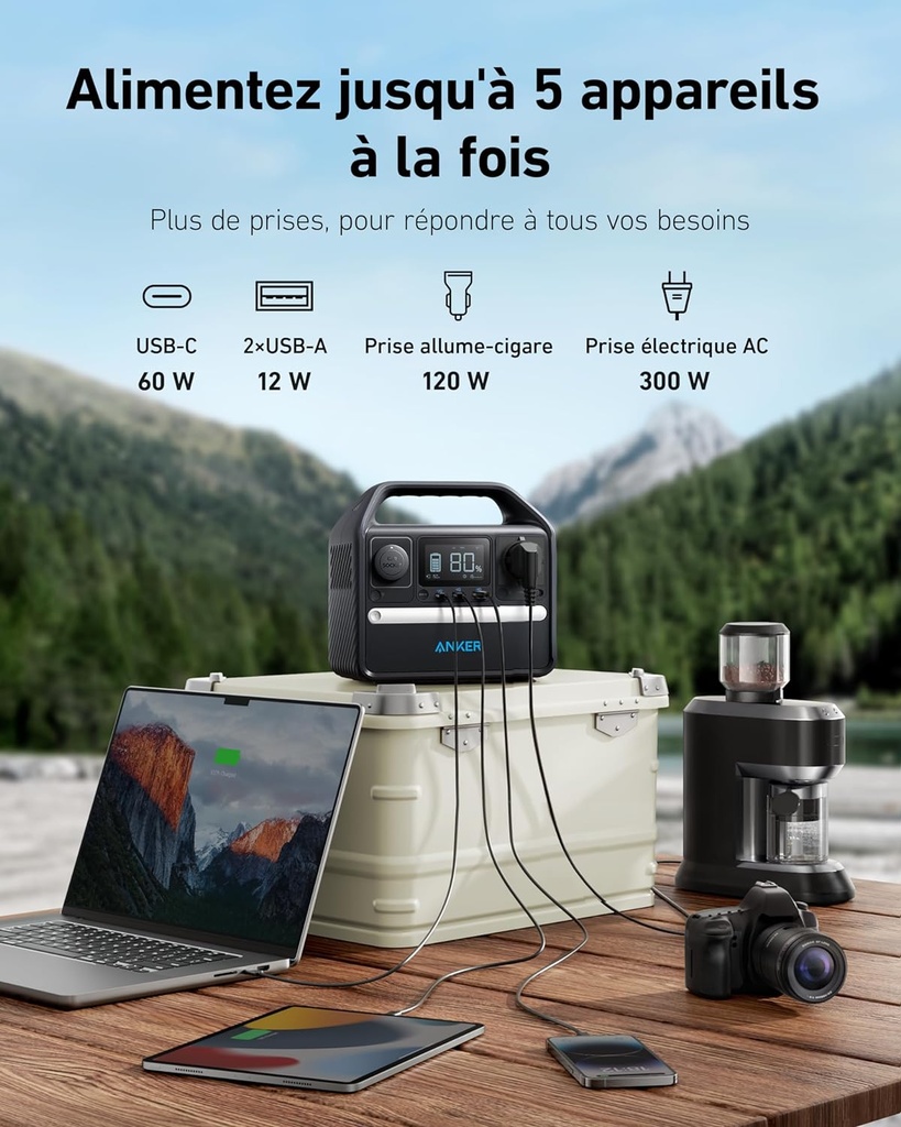Station électrique portable Anker 521, Générateur Électrique Portable 256Wh, Batterie LiFePo4, 5 Ports, 1 Prise CA, 1 USB C PD 60W