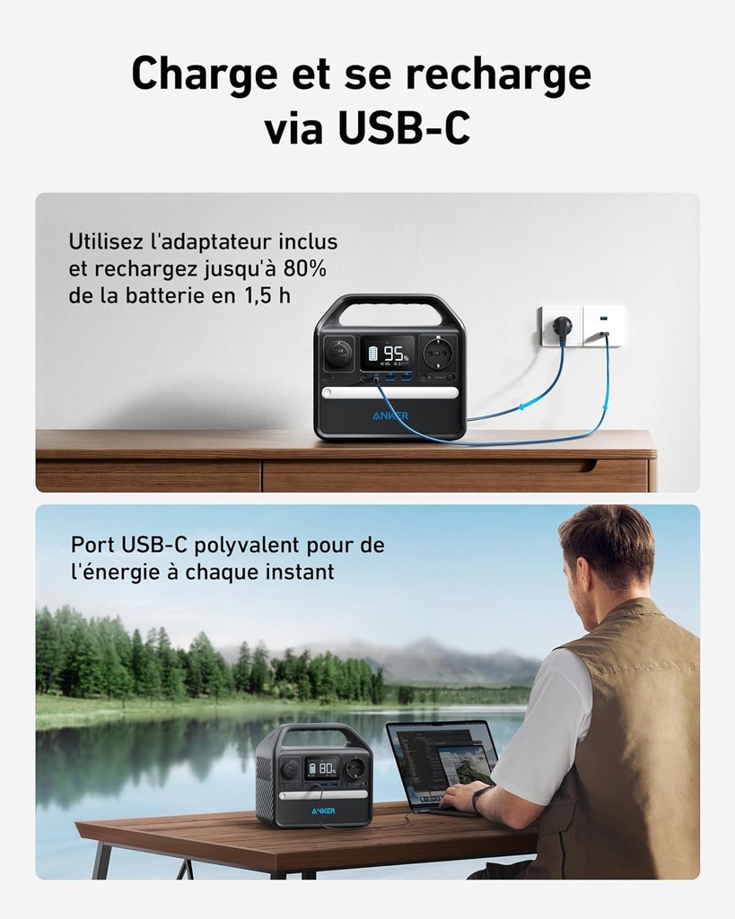 Station électrique portable Anker 521, Générateur Électrique Portable 256Wh, Batterie LiFePo4, 5 Ports, 1 Prise CA, 1 USB C PD 60W
