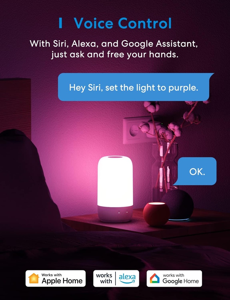 Meross Veilleuse LED Connectée, Lampe de Chevet Intelligente Compatible avec Apple HomeKit