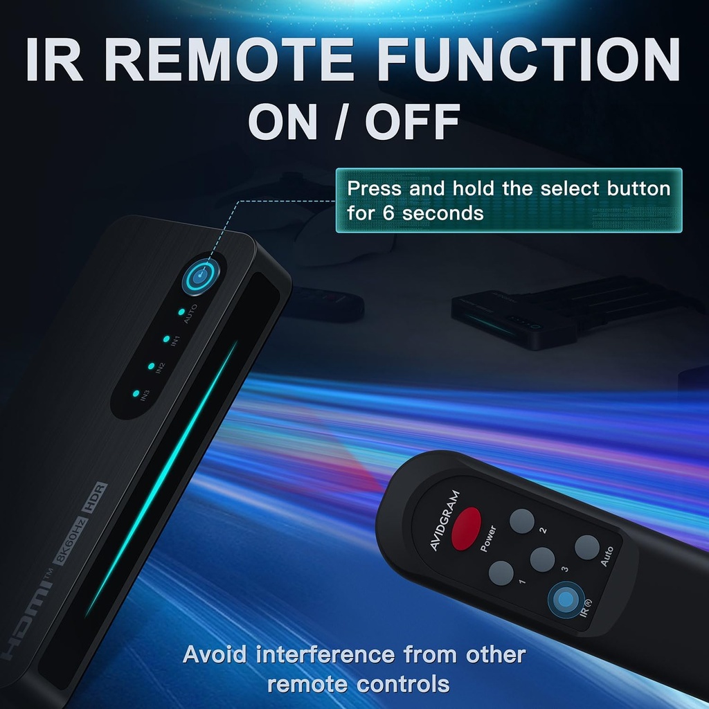 Switch HDMI 2.1 8K 60Hz, AVIDGRAM HDMI Commutateur 3 entrées 1 Sortie avec télécommande IR
