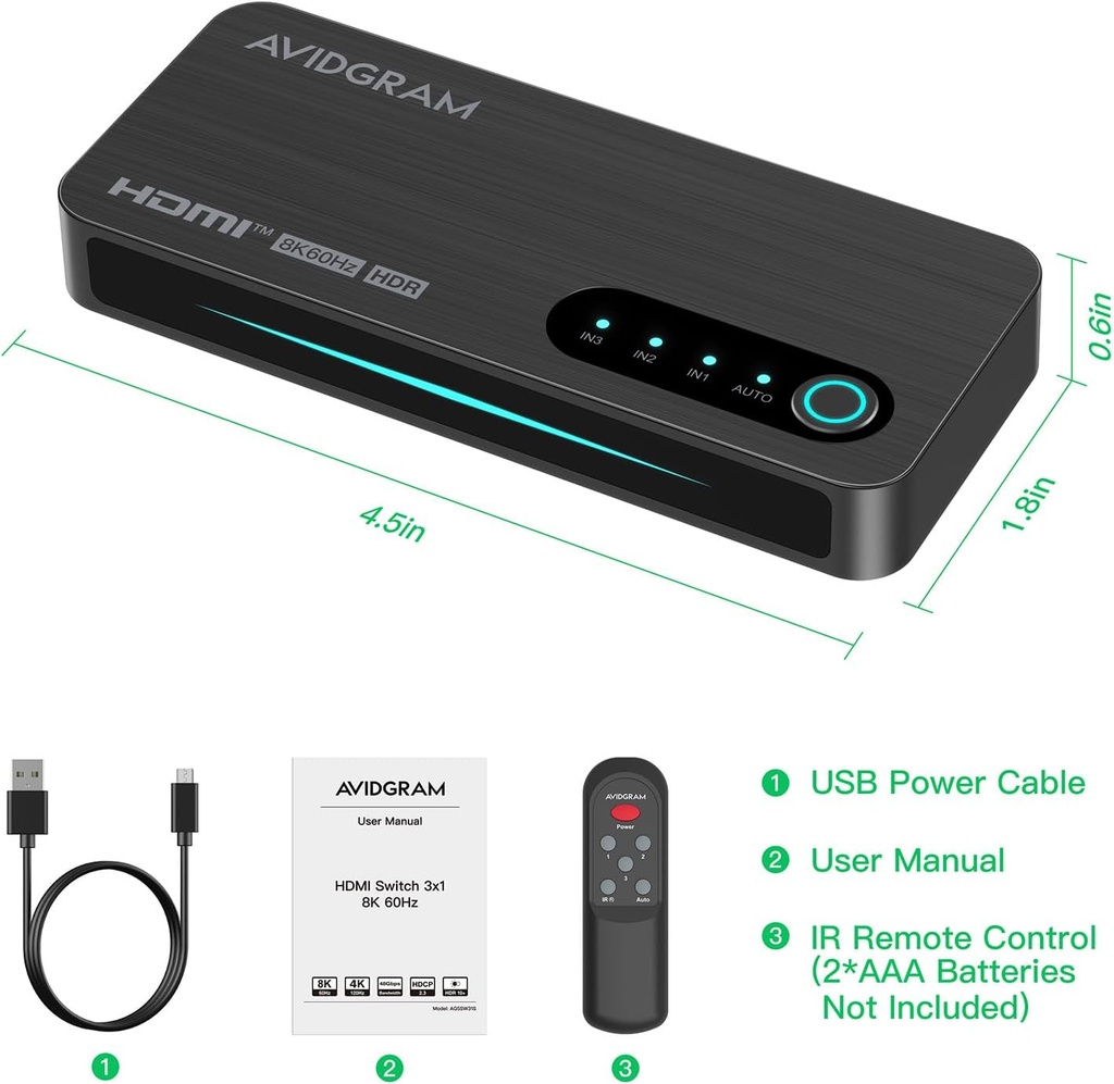 Switch HDMI 2.1 8K 60Hz, AVIDGRAM HDMI Commutateur 3 entrées 1 Sortie avec télécommande IR