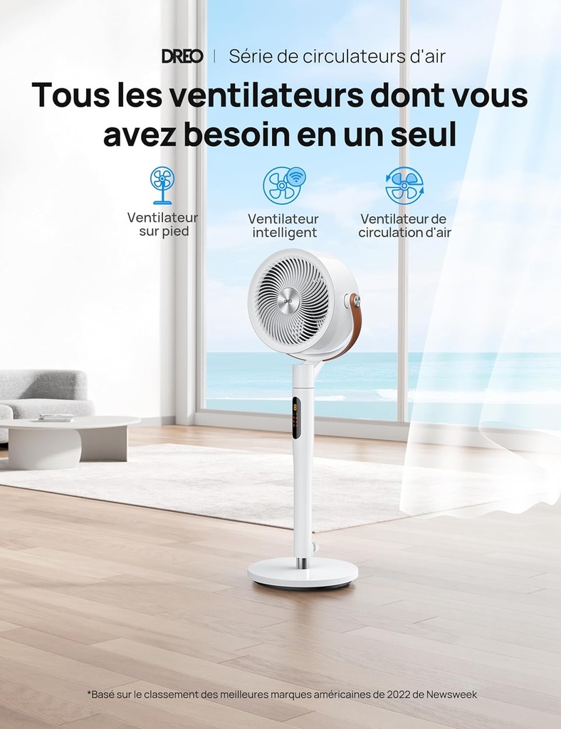 Dreo ventilateur silencieux 25dB, 30M de vent, 1500m³/h volume d'air, turbo-circulateur, hauteur 110CM, 6 modes, 8 vitesses, oscillation omnidirectionnelle 120°+105°