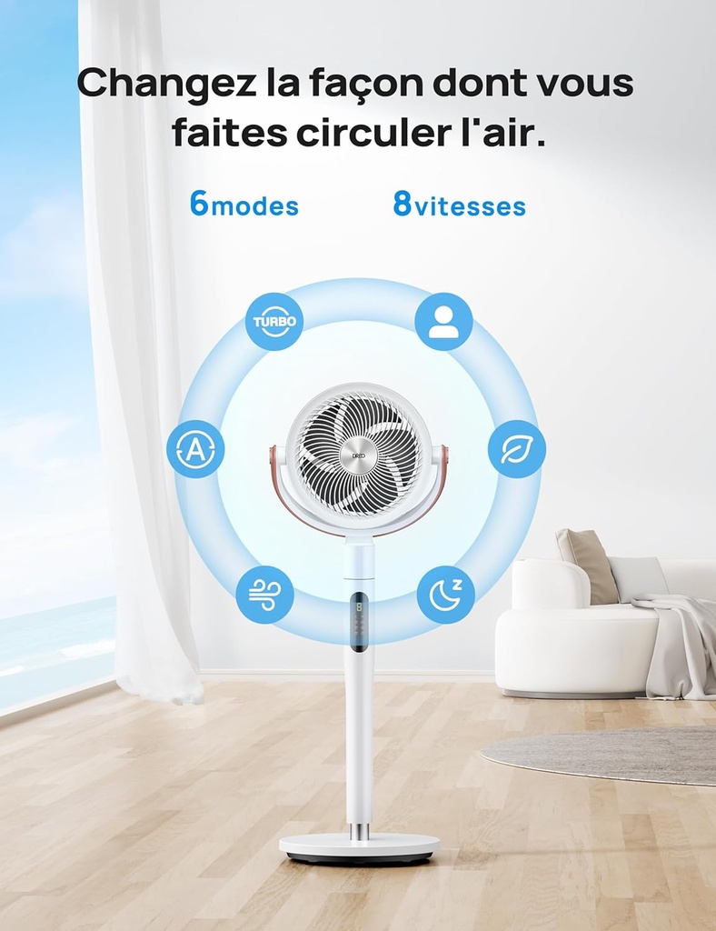 Dreo ventilateur silencieux 25dB, 30M de vent, 1500m³/h volume d'air, turbo-circulateur, hauteur 110CM, 6 modes, 8 vitesses, oscillation omnidirectionnelle 120°+105°