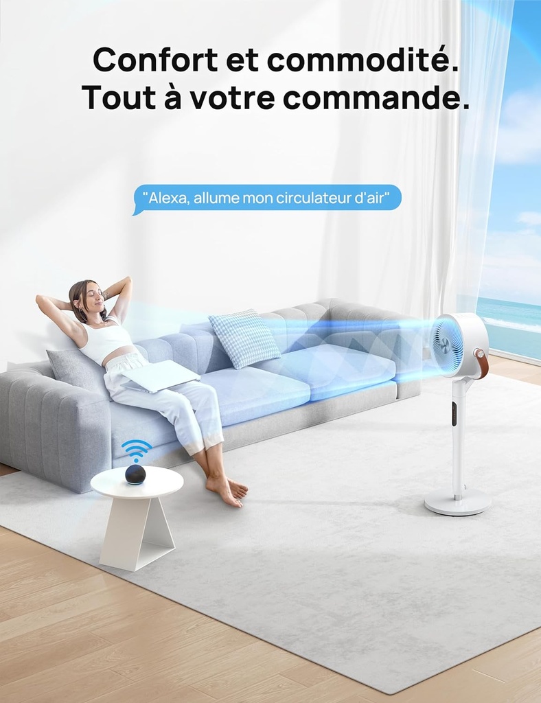Dreo ventilateur silencieux 25dB, 30M de vent, 1500m³/h volume d'air, turbo-circulateur, hauteur 110CM, 6 modes, 8 vitesses, oscillation omnidirectionnelle 120°+105°