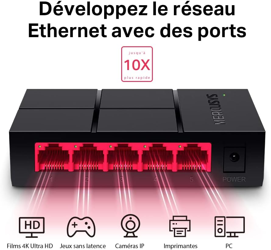 Mercusys Switch Ethernet Gigabit 5 Ports 10/100/1000 Mbps, switch RJ45, pour les petites entreprises et les bureaux, MS105G