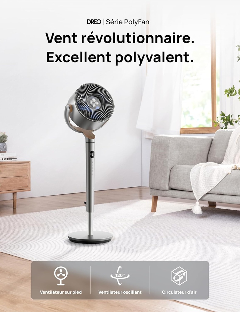 Dreo 23dB Intelligent ventilateur sur pied silencieux, 24M portée, volume d'air 1200m³/h, turbo circulateur, 102CM hauteur, 6 modes, 8 vitesses, oscillation omnidirectionnelle 120°+120°, PolyFan 502S