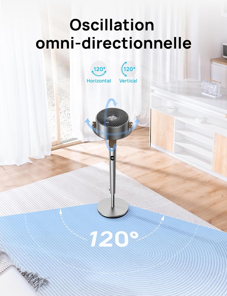 Dreo 23dB Intelligent ventilateur sur pied silencieux, 24M portée, volume d'air 1200m³/h, turbo circulateur, 102CM hauteur, 6 modes, 8 vitesses, oscillation omnidirectionnelle 120°+120°, PolyFan 502S