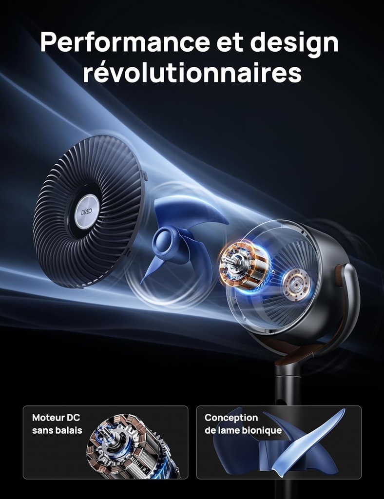 Dreo 23dB Intelligent ventilateur sur pied silencieux, 24M portée, volume d'air 1200m³/h, turbo circulateur, 102CM hauteur, 6 modes, 8 vitesses, oscillation omnidirectionnelle 120°+120°, PolyFan 502S