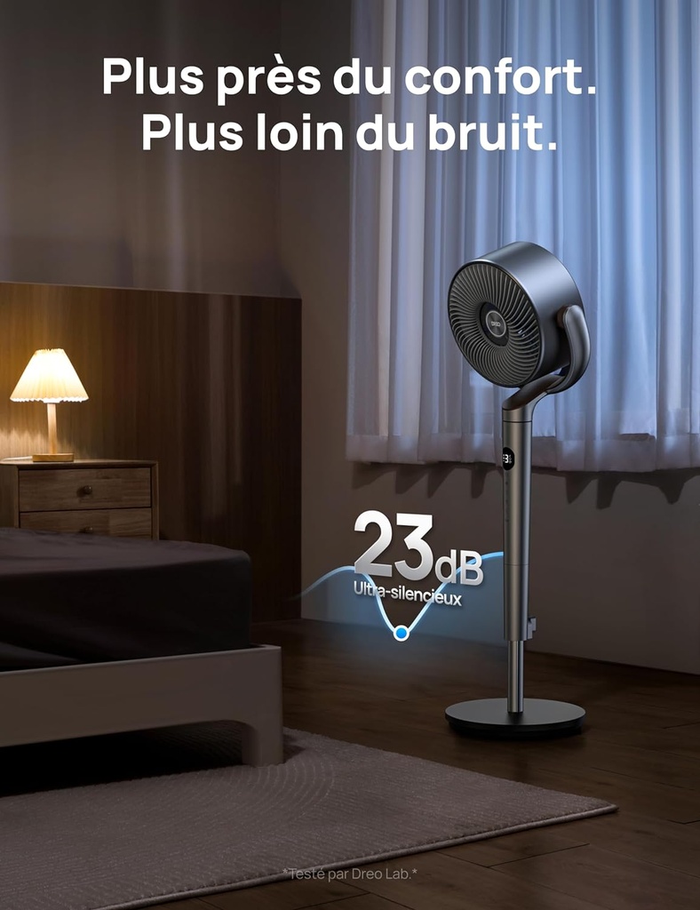 Dreo 23dB Intelligent ventilateur sur pied silencieux, 24M portée, volume d'air 1200m³/h, turbo circulateur, 102CM hauteur, 6 modes, 8 vitesses, oscillation omnidirectionnelle 120°+120°, PolyFan 502S