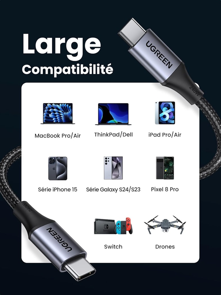 UGREEN Câble USB C vers USB C PD 3.1 240W  (2M)