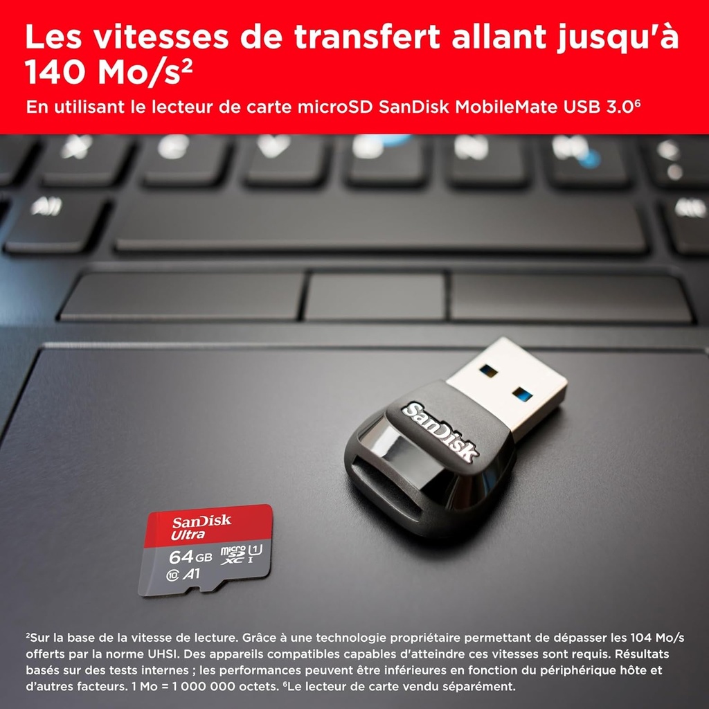 SANDISK - Carte mémoire Ultra microSDXC UHS-I Carte + Adaptateur SD, avec jusqu'à 140 Mo/s, Classe 10, U1, homologuée A1