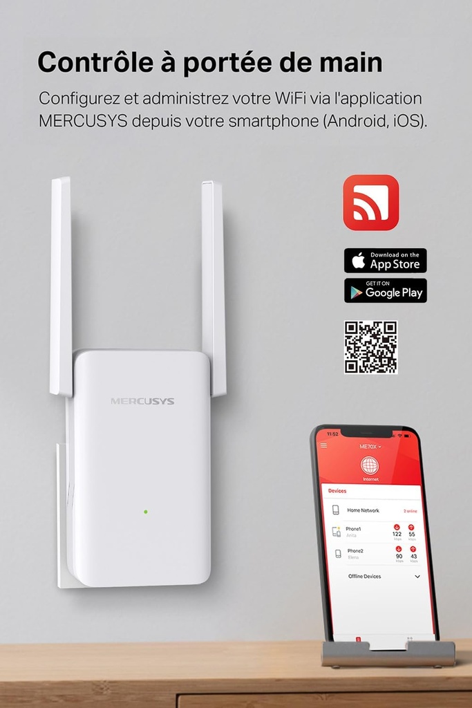 MERCUSYS Répéteur WiFi 6 ME70X, Amplificateur Bi-bande WiFi AX1800 Mbps