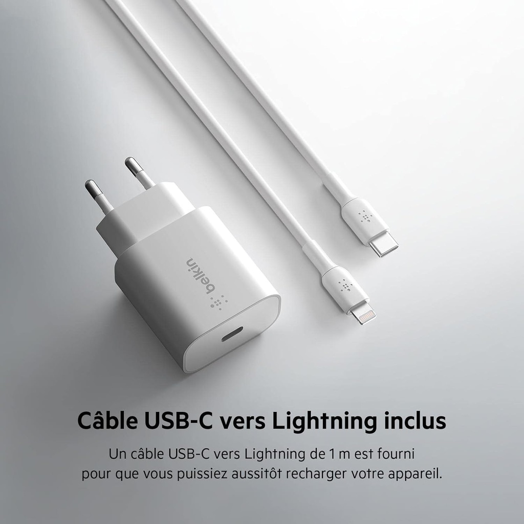 Belkin Chargeur secteur USB-C  25 W avec câble MFi USB-C vers Lightning compatible charge rapide, pour iPhone 13, 12, Pro, Pro Max, mini, etc.)