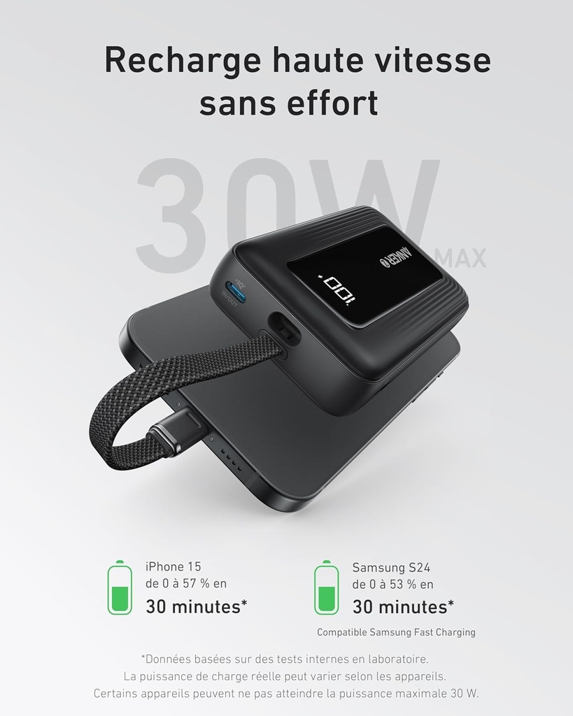 Anker Zolo PowerBank, Batterie Externe Haute Vitesse 20 000 mAh 30 W, Câble USB-C Intégré, pour iPhone 15/15 Pro