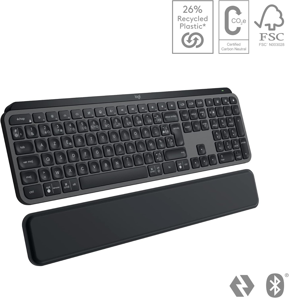 Logitech MX Keys S PLUS Clavier Sans Fil et Repose Poignet, U Rétroéclairé, Ergonomiques, Programmables, Bluetooth(AZERTY  Gris)