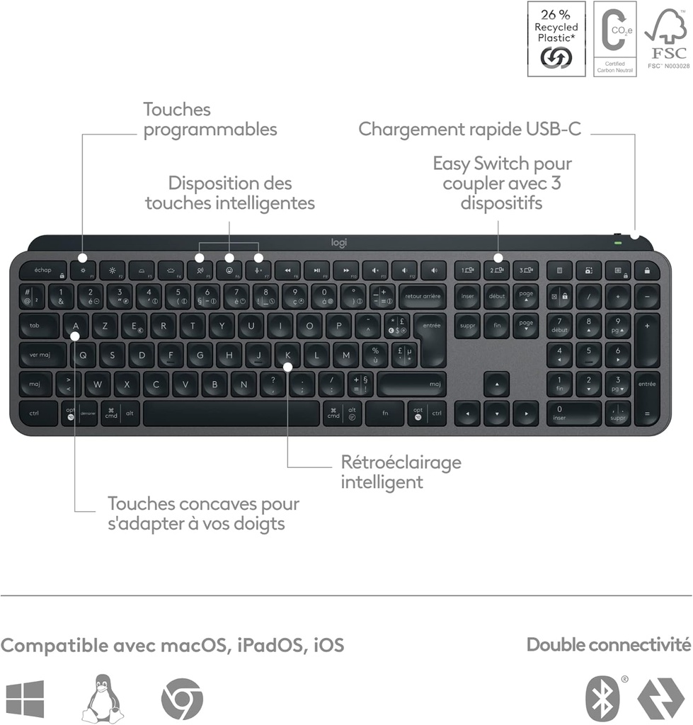 Logitech MX Keys S PLUS Clavier Sans Fil et Repose Poignet, U Rétroéclairé, Ergonomiques, Programmables, Bluetooth(AZERTY  Gris)