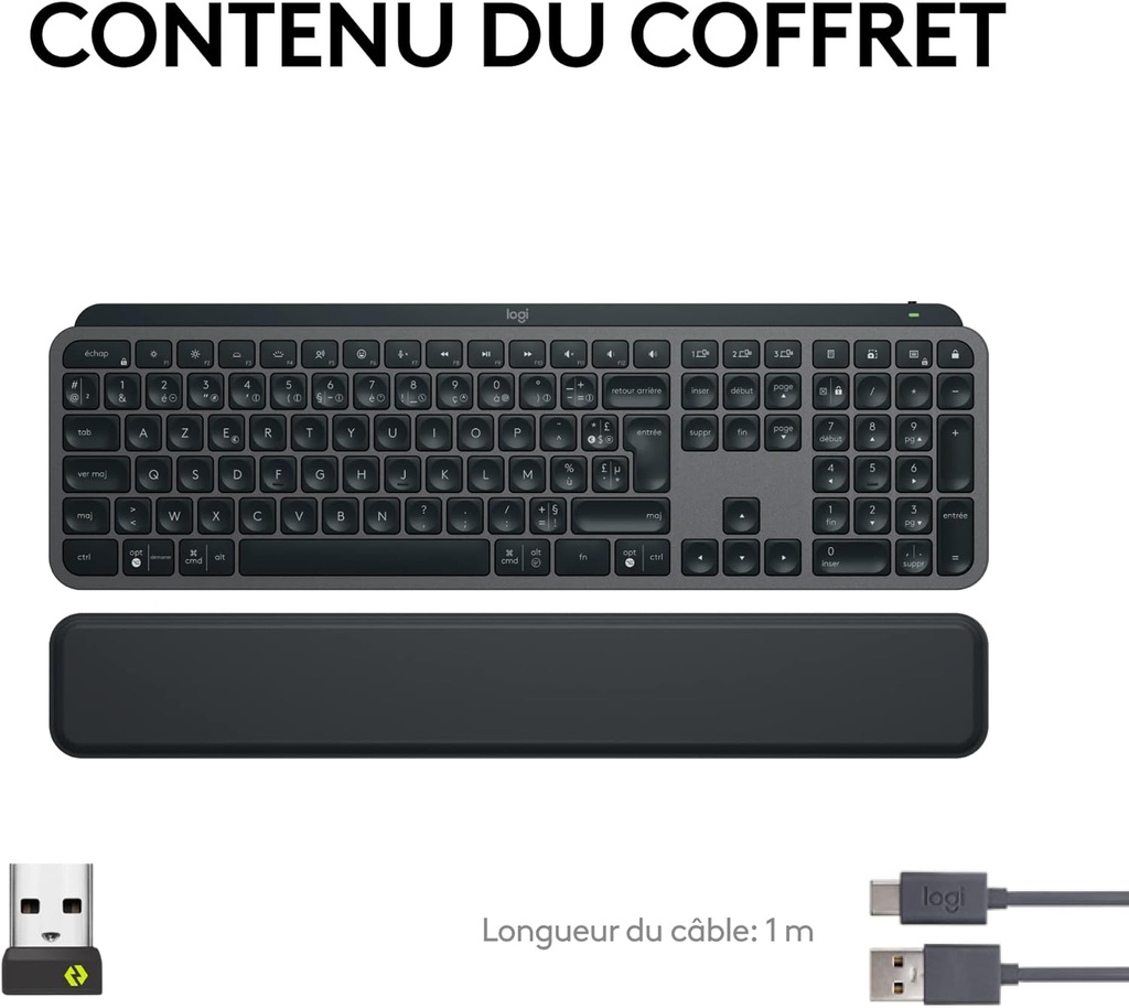 Logitech MX Keys S PLUS Clavier Sans Fil et Repose Poignet, U Rétroéclairé, Ergonomiques, Programmables, Bluetooth(AZERTY  Gris)