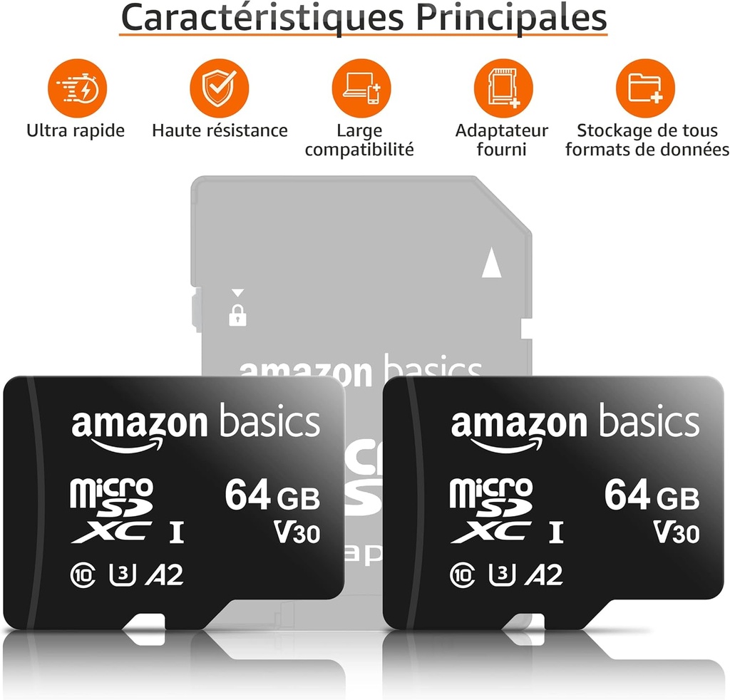 Amazon Basics - Carte Mémoire MicroSDXC, avec Adaptateur SD, A2, U3, vitesse de lecture maximale de 100 Mb/s, 64 GB (lot de 2), Noir