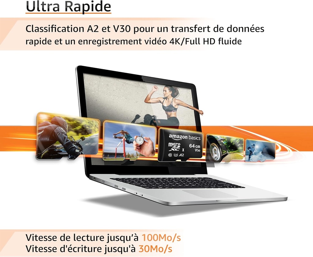 Amazon Basics - Carte Mémoire MicroSDXC, avec Adaptateur SD, A2, U3, vitesse de lecture maximale de 100 Mb/s, 64 GB (lot de 2), Noir