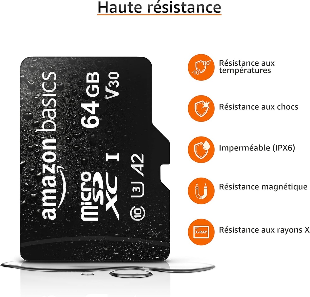 Amazon Basics - Carte Mémoire MicroSDXC, avec Adaptateur SD, A2, U3, vitesse de lecture maximale de 100 Mb/s, 64 GB (lot de 2), Noir