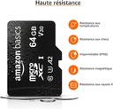 Amazon Basics - Carte Mémoire MicroSDXC, avec Adaptateur SD, A2, U3, vitesse de lecture maximale de 100 Mb/s, 64 GB (lot de 2), Noir