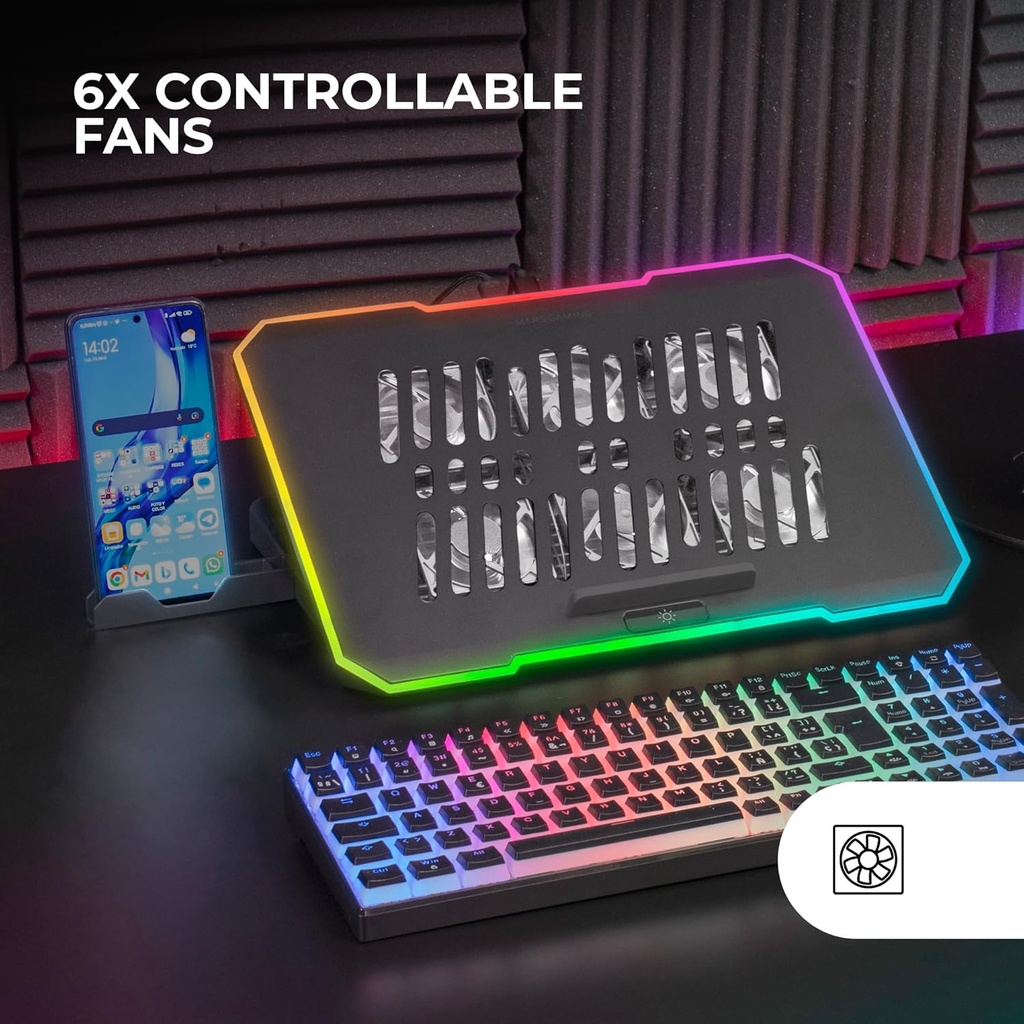 Mars Gaming MNBC7, Base de Refroidissement et support 16", RGB 10 Modes, 6 Ventilateurs contrôlables